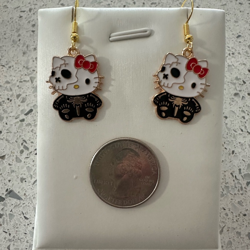 Cute Skeleton Hello Kitty Earrings with Red Bow